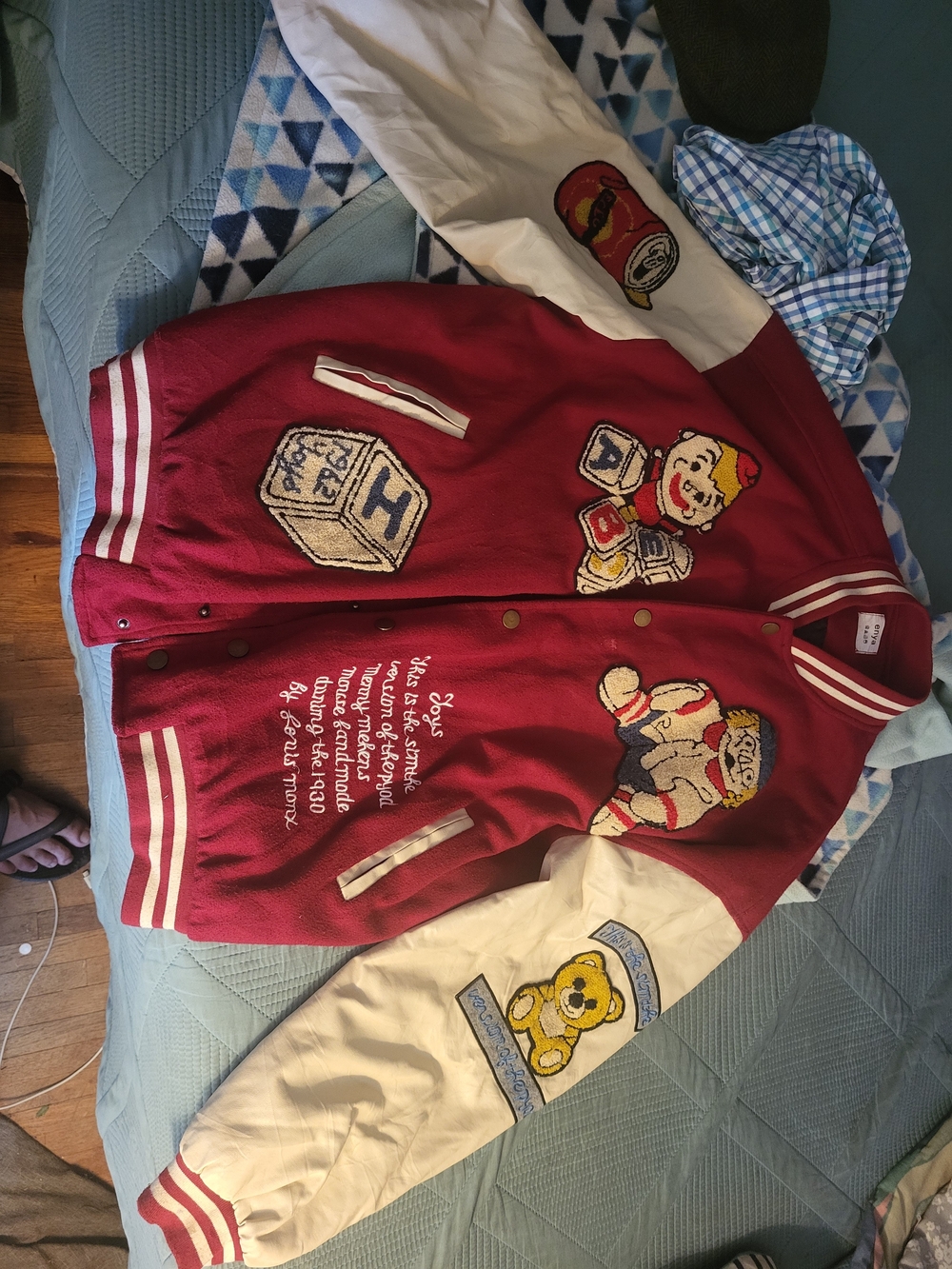 Men's Red and Cream Varsity Bomber Jacket with Embroidered Patches